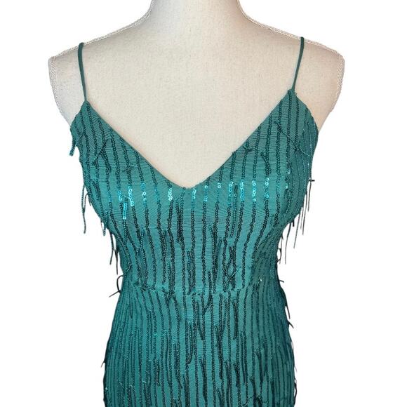 City studio green sequin fringe v-neck gown formal prom emerald - Picture 3 of 8
